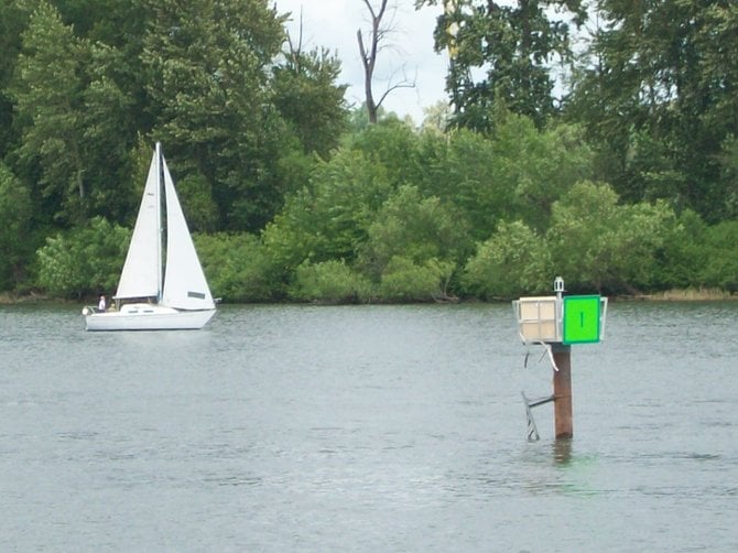 Sailboat along Williamette River in Portland, Oregon.