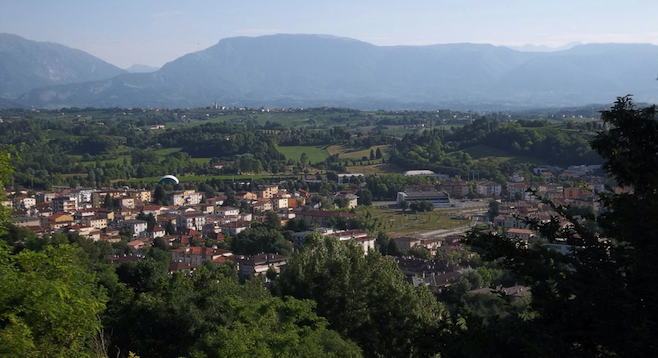 Postcard view of Conegliano and surrounding valley. 