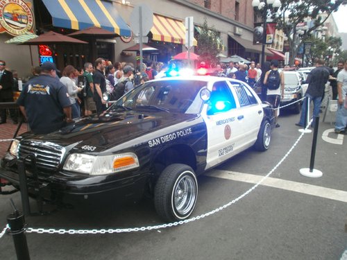 Amongst the many activities and displays in the Gaslamp Quarter, this former San Diego Police car has been modified by local Low Rider car clubs and attracted a lot of attention.