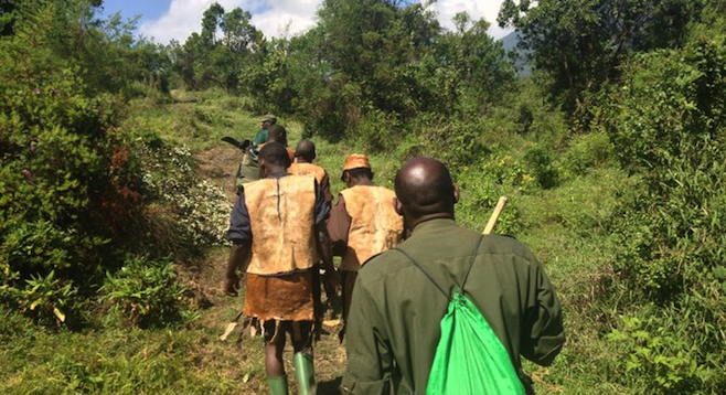 On the trail with the Batwa guides. 