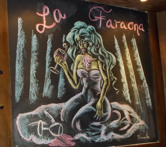 Chalk drawing of La Faraona, an exotic TJ dancer of the thirties who put poison in her own and her lover's wine, at Agua Caliente