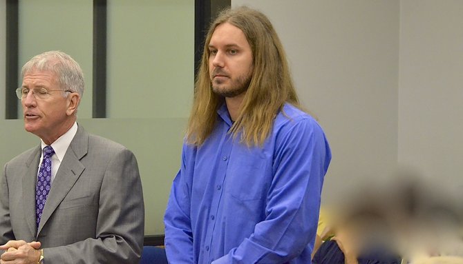 Attorney Warwick w Tim Lambesis in court. Photo Weatherston