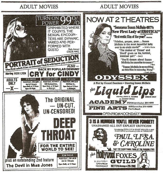 (5-29-77 ads for the San Diego 'Cats, as well as the adult features then also screening at the Guild, the Fine Arts, and North Park's Academy Theater, where cult rock star Gary Wilson - famed for his DIY album You Think You Really Know Me - was working at the time)