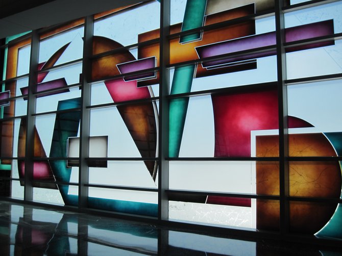 Downtown San Diego:  Stained Glass artwork entitled "Sunlight Juxtaposed" by Joan Irving at the San Diego International Airport as seen on the Green Build Terminal 2 Expansion Tour on Saturday, August 10, 2013. 