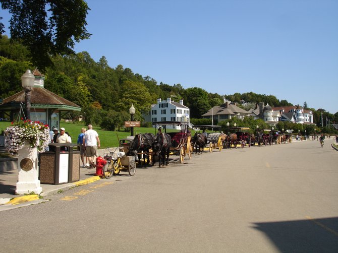 Horse-drawn carriages line up to take visitors to their accommodations.  