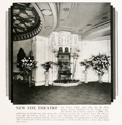 At the time it was built, the 3,000 seat Fox Theatre San Diego was the third largest picture palace on the Pacific Coast.