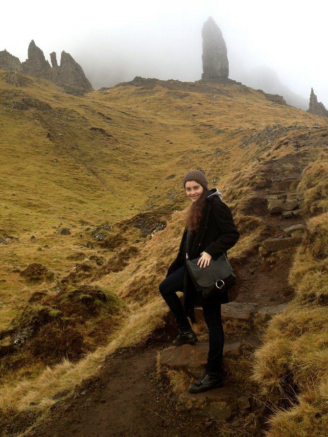 Hiking to the Old Man of Storr – a terrifying ancient rock with the wisdom and calm of, well, an old man. A really, really old man.  
Meanwhile, I look like a hobbit in boots.

