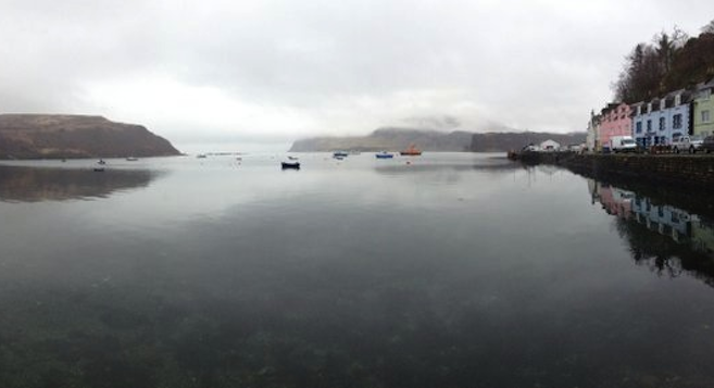 Portree Harbour, Isle of Skye. Breakfast on the stillest water on earth. A sneeze would cause a tsunami.

