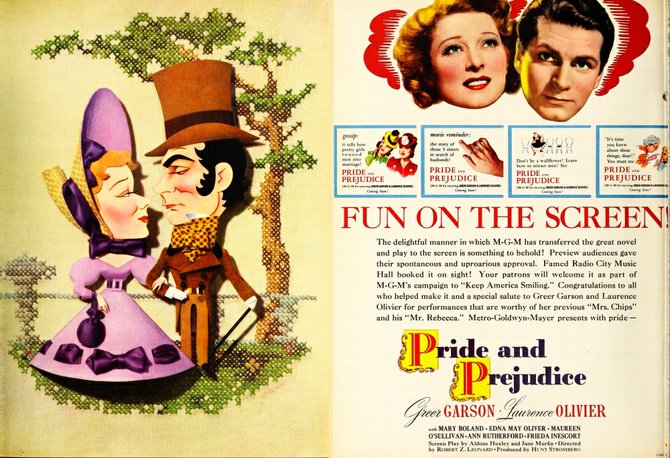 THE FILM DAILY - July 29, 1940. Greer Garson and Larry Olivier put the fun in "Prejudice." Kapralik's countrified needlepoint virtuosity far outranks anything in this lethal M-G-M prestige picture. 
