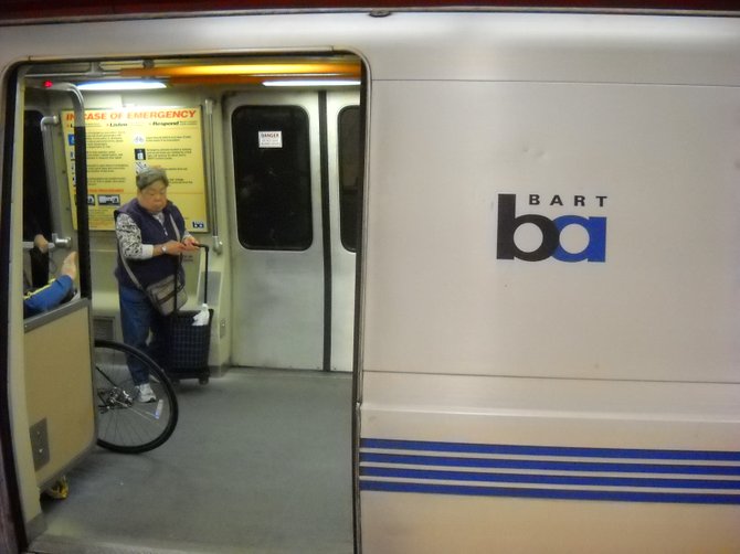 BART train arrives at the station in San Francisco.