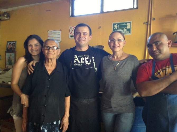 La familia (from left): Oscar's sister Carla, Oscar's grandma Jovita, Oscar, his mom María, employee Carlos