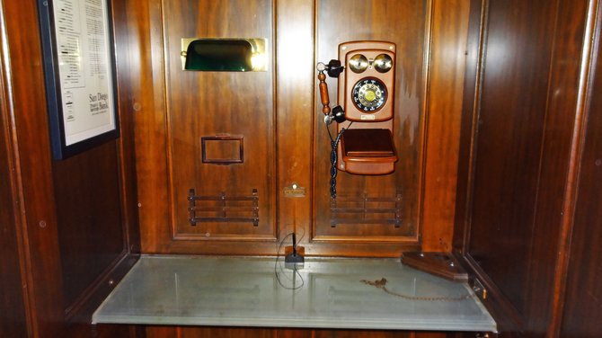 On floor "S" (go down on the elevator) of the downtown Courtyard Marriott, there are three elegant wooden phone booths. The old phones still work, too. The hotel is at 6th and Broadway, which once was San Diego Trust & Savings Bank.