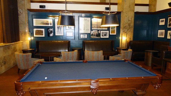 This is the poolroom on the first floor of the downtown Courtyard Marriott. It also serves as a gallery of historic photos.