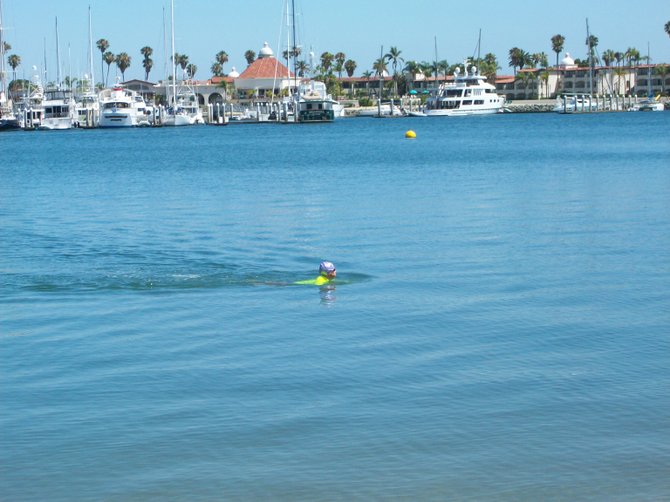 Swimmer in yellow cap enjoying San Diego Bay near the Kona Kai Club in Point Loma.