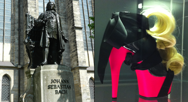 Johann Sebastian Bach near St. Thomas Church (left); a find at the Grassi Museum for Applied Arts's shoe exhibit (right). 
