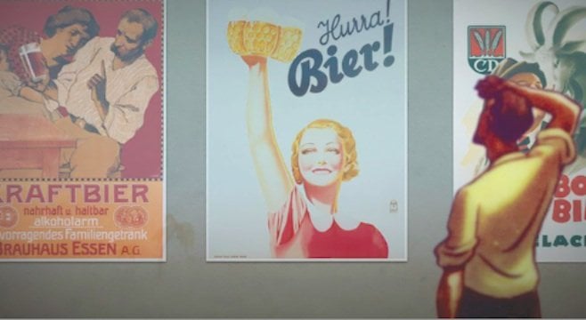 In the poster on the left, a hipster mansplains craft beer to his bored girlfriend. Silly hipster. Hurra! Bier!