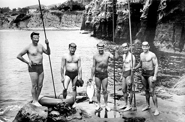 Original five bottom-scratchers in La Jolla caves area in 1939.
Left to right: Glen Orr, Jack Corbaly, Ben Stone, Bill Batzloff, Jack Prodanovich.