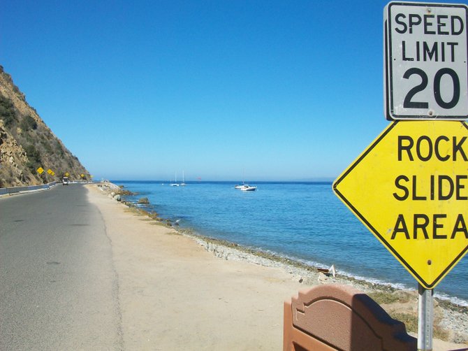 Warning sign on Pebbly Beach Road on Santa Catalina Island.