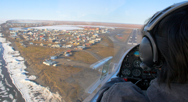 Approaching Barrow – the northernmost town in the U.S. – by plane. stock photo 