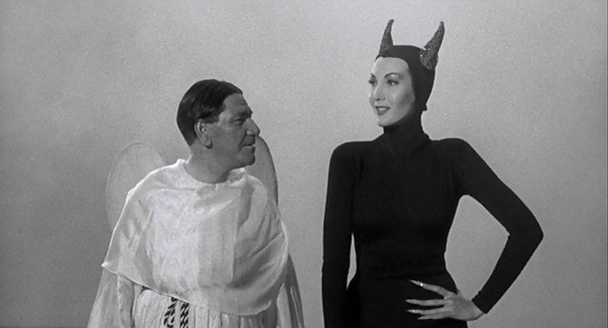 Helen Blazes (Sylvia Lewis) welcomes Shemp Howard to hell in the Jules White shocker, "Bedlam in Paradise."