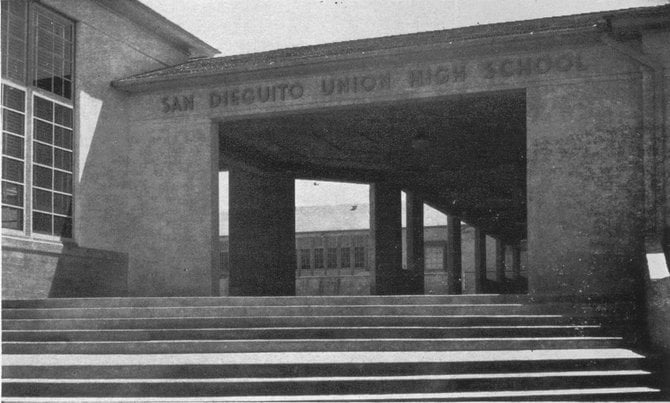 The front of San Dieguito Union High School (SDUHS), from the 1938 Hoofprint yearbook.