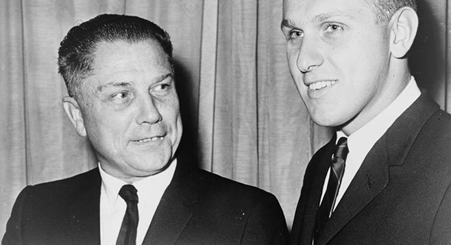 The body of Jimmy Hoffa (left) may be hidden under the pile of money the Teamsters (now run by Hoffa’s son Jim, right) have spent to elect David Alvarez.