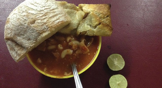  Veggie soup, bean burrito, and a chunk of French bread for $1.30.