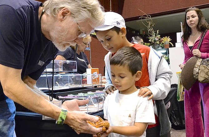 Exhibitor Don Soderberg kindly allowed two boys to touch his rare, mutant snake with no scales.