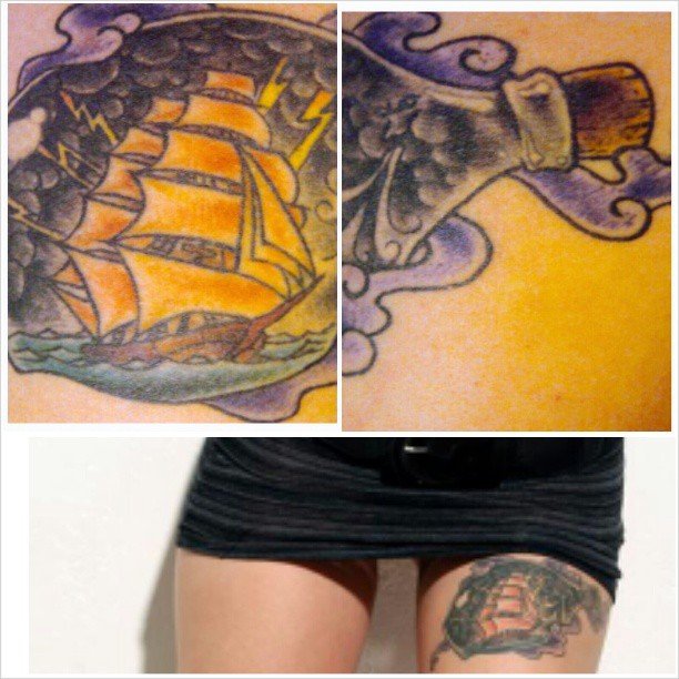 mthands: My left thigh's tattoo: a ship in a bottle. I've always loved mythology, pirates, and history. Also a thing i'm always gravitated to draw is ships, definitely a symbol of my love for history. I also love the twist of being in a bottle, its not an average cliche tattoo.