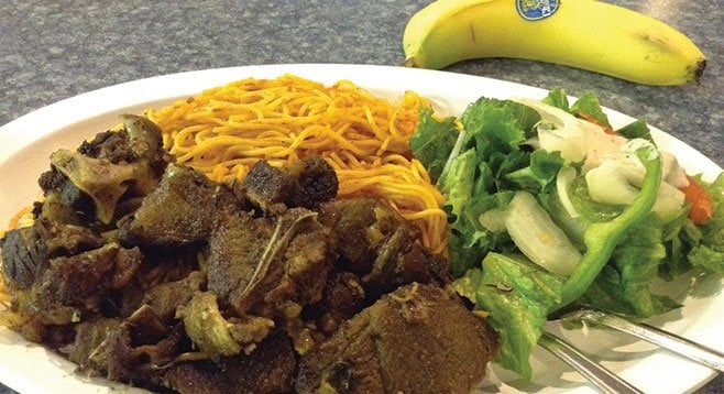 Why spaghetti with the goat meat? Somalians adopted it after a brief Italian occupation.