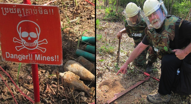 Danger: unexploded mines (left); author and anti-personnel mine (right).
