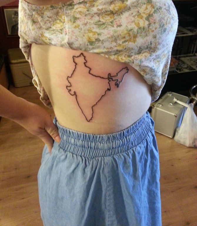 I got the outline of India tattooed on me as homage to my unique name! I got it done by the lovely Drew at Tahiti Felix's Master Tattoo Parlor & Museum in downtown San Diego. I'm 18 and from Chula Vista, but I'm currently up north studying at UC Davis.