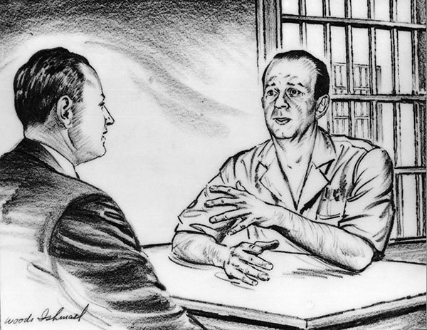 Illustration of Rabbi Silverman (left) meeting with Jack Ruby by Woodi Ishmael.