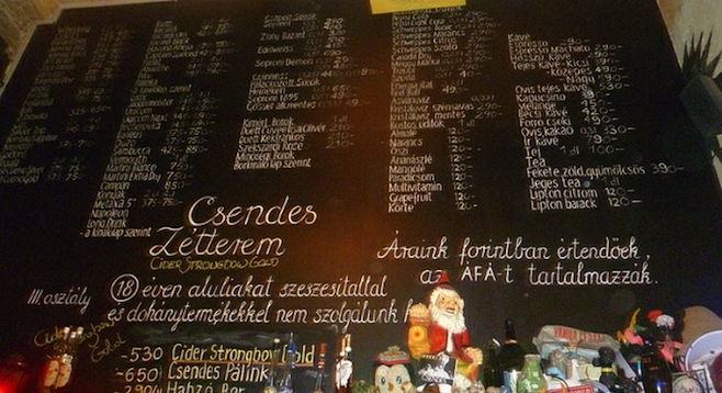 Menu at one of Budapest, Hungary's unique "ruin pubs."