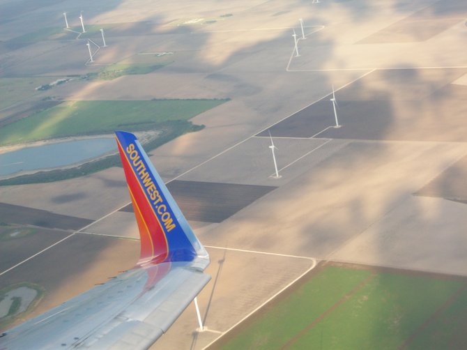 Southwest Airlines wing traveling near Harlingen, Texas.