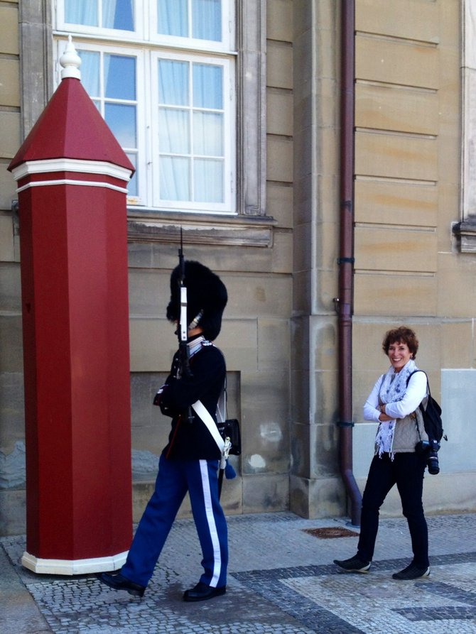 While visiting Copenhagen, Deborah Hall joined in on the changing of the guards ceremony