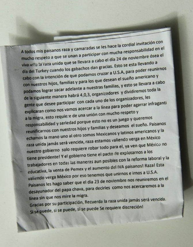 Anonymous note circulated among Bordo residents and migrants