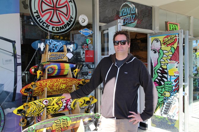Outside the Santa Cruz Boardroom in Santa Cruz, CA. Local skateshop with lots of legendary decks, many of which feature the incredible artwork of Jim Phillips.