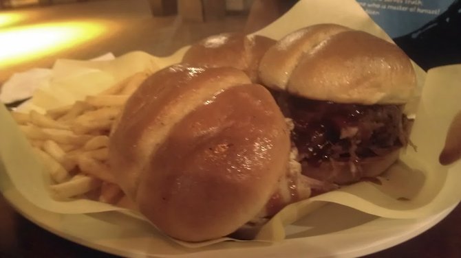 Trio of Bubba's sliders: pulled pork, chopped brisket, and pulled chicken.
