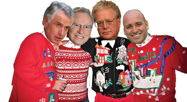 Jim Waring, Irwin Jacobs, and Bill Lerach are holiday partying for school-board candidate Kevin Beiser.