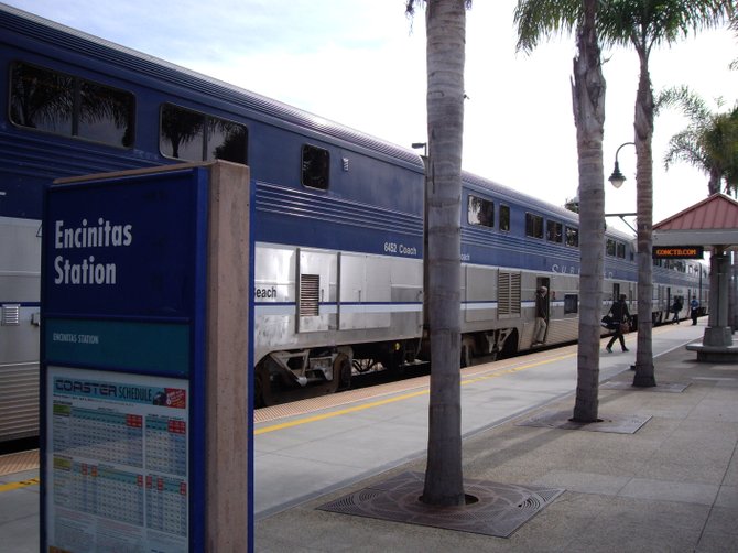 Amtrak stops at Encinitas COASTER station Monday, 2 Dec.