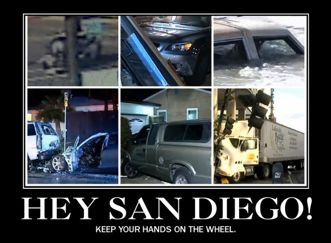 Cal-DOT's billboard mock-up, featuring, clockwise from upper left: Sheriff's Deputy car runs into woman crossing street in wheelchair, December 6, Encanto; BMW station wagon crashes into taco shop, North Park, December 6; Car floating in surf, Oceanside, December 4; truck crashes into condo, Banker's Hill, December 6; pickup truck smashes into multiple parked cars, Chula Vista, December 2; car smashes into multiple cars before bursting into flames, Pacific Beach, December 3.