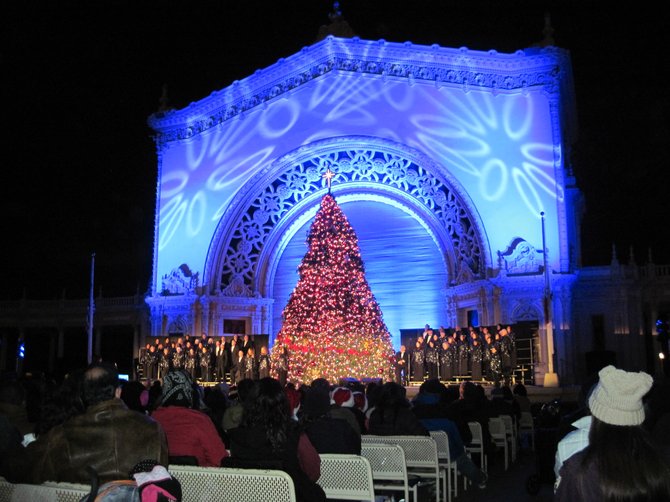 December Nights at the Organ Pavilion in Balboa Park.  The crowd enjoys the performance of the Christmas Story Tree.