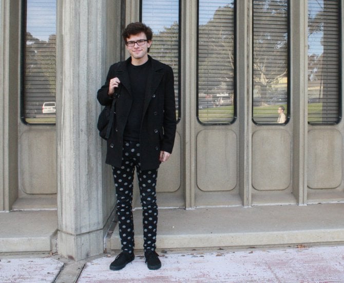 Jayden Fishbein in black and silver polka dot jeans