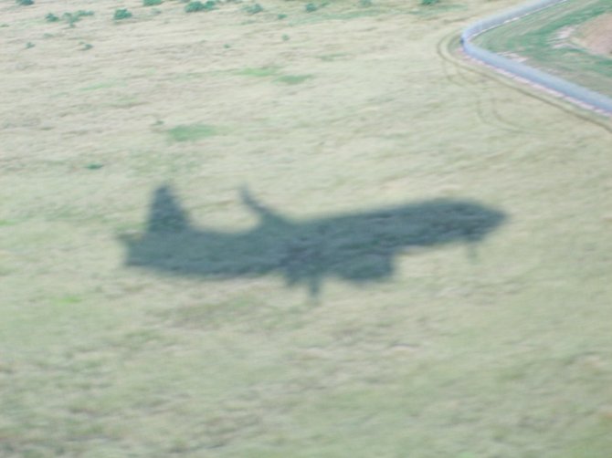 Shadow of Southwest Airlines jet flying over southern Texas near Brownsville.