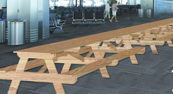Conceptual photo of picnic table in airport