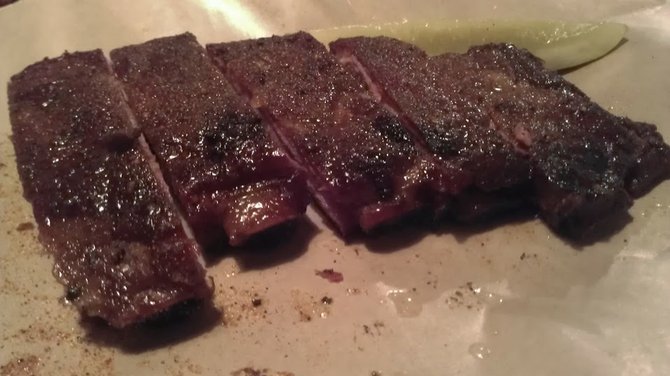 Brazen's ribs show off a good bark, convoluted dry rub, and adequate smokiness.