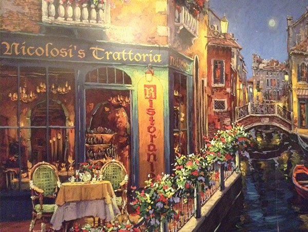 One wall is a Kinkade-esque mural depicting Nicolosi’s as it might appear in Venice.