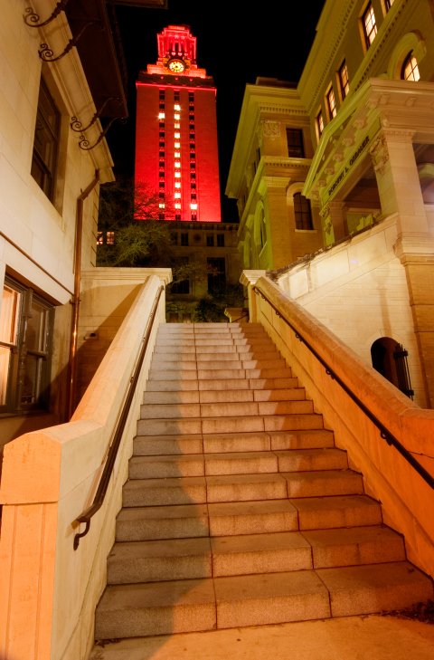 The UT tower, lit up at night. 