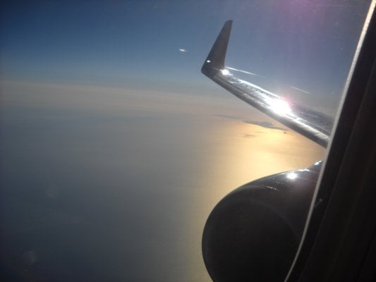 Southwest Airlines wing flying over Santa Barbara, CA.